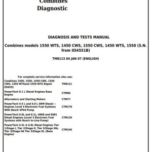 John Deere 1450 1550 CWS WTS Combine Diagnosis Test Manual TM8113