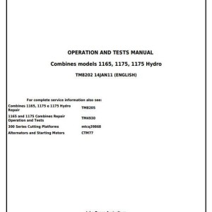 John Deere 1165 1175 1175 Hydro Combine Operation Test Manual TM8202