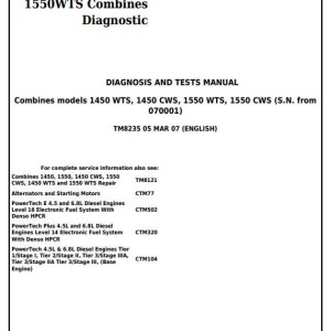 John Deere 1450CWS 1450WTS 1550CWS 1550WTS Combine Diagnosis Test Manual TM8235