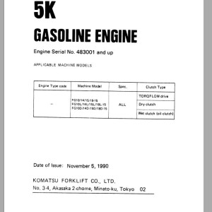 Komatsu FG20-11 Gasoline Engine 5K Parts Manual PGA5K00-01