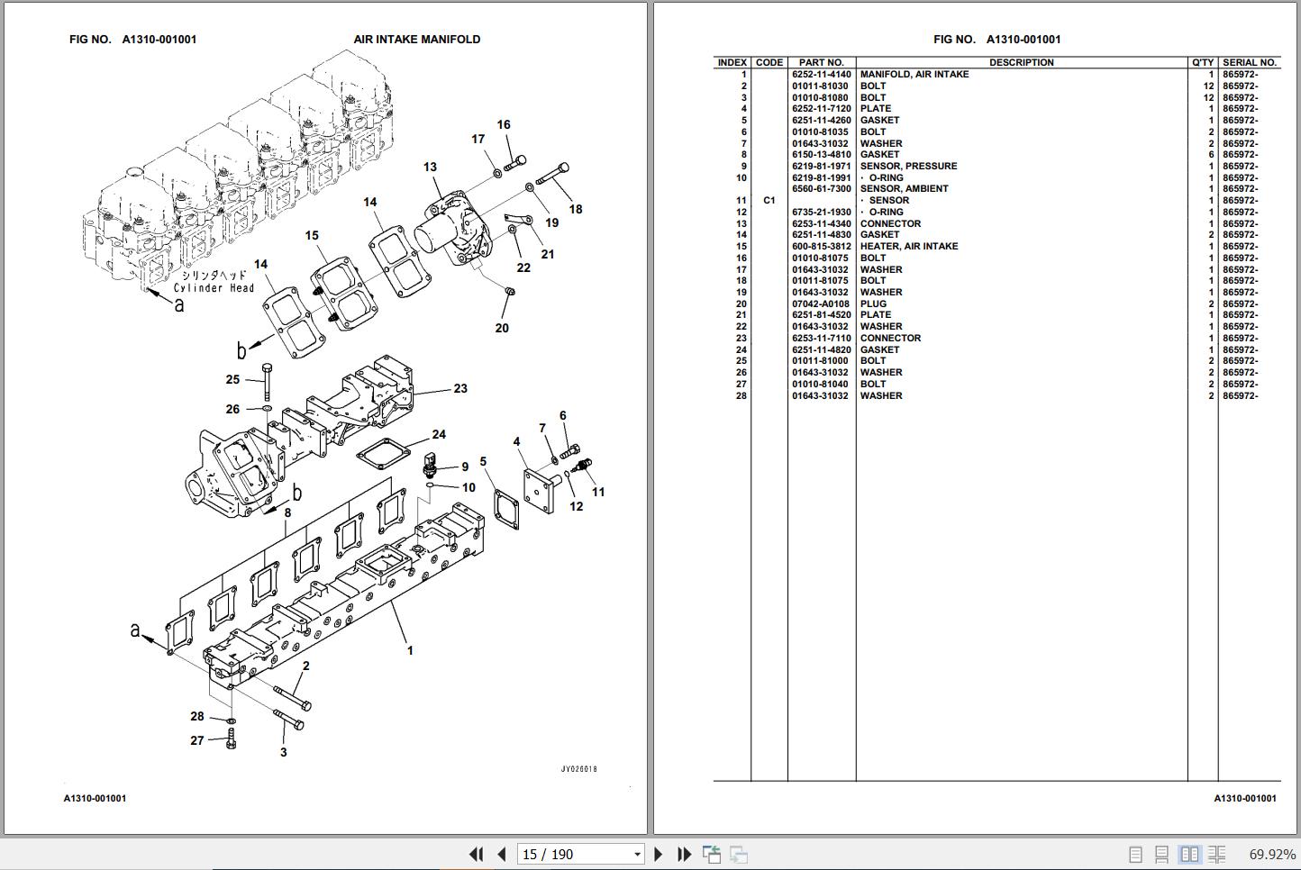 Komatsu Engine SAA6D125E-7 865972 Up Spare Parts Catalog