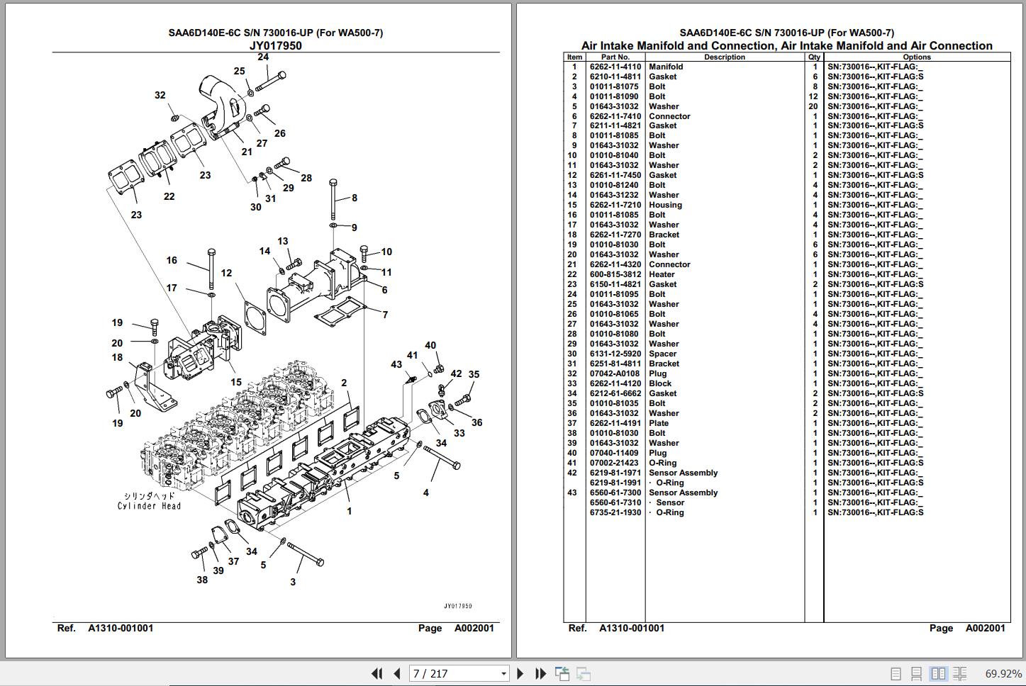 Komatsu Engine SAA6D140E-6C 730016 Up For WA500-7 Spare Parts Catalog