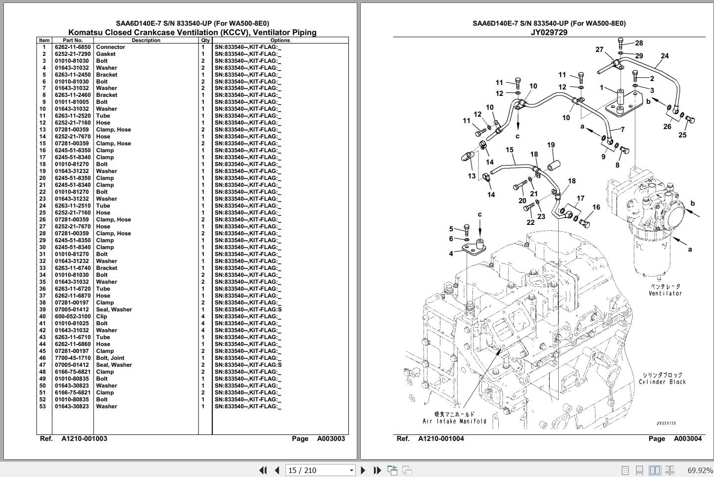 Komatsu Engine SAA6D140E-7 833540 Up For WA500-8E0 Spare Parts Catalog