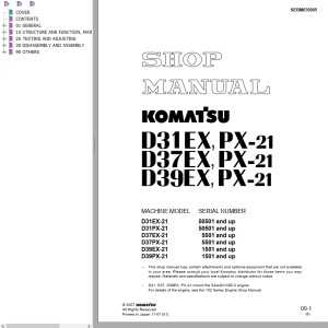 Komatsu D31EX PX-21 D37EX PX-21 D39EX PX-21 Shop Manual SEBM035005