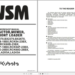 Kubota BX1870 to LA243A Workshop Manual 9Y111-08554 2017 PDF