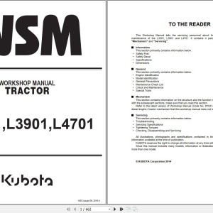 Kubota L3301 L3901 L4701 Workshop Manual 9Y111-10121 2016 PDF