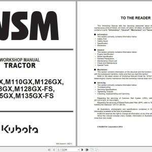 Kubota M100GX to M135GX-FS Workshop Manual 9Y111-20443 2022 PDF
