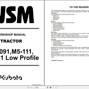 Kubota M5-091 M5-111 Low Profile M5-111 Workshop Manual 9Y111-12857 2021 PDF
