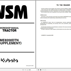 Kubota ME8200DTN Supplement Workshop Manual 9Y011-18311 2008 PDF