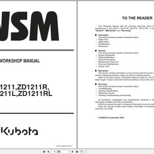 Kubota ZD1211 to ZD1211RL Workshop Manual 9Y111-13443 2017 PDF