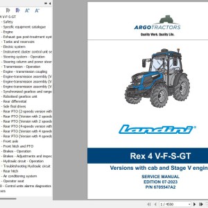 Landini Rex 4-080 4-090 4-100 4-110 4-120 V F S GT Service Manual 6705547A2