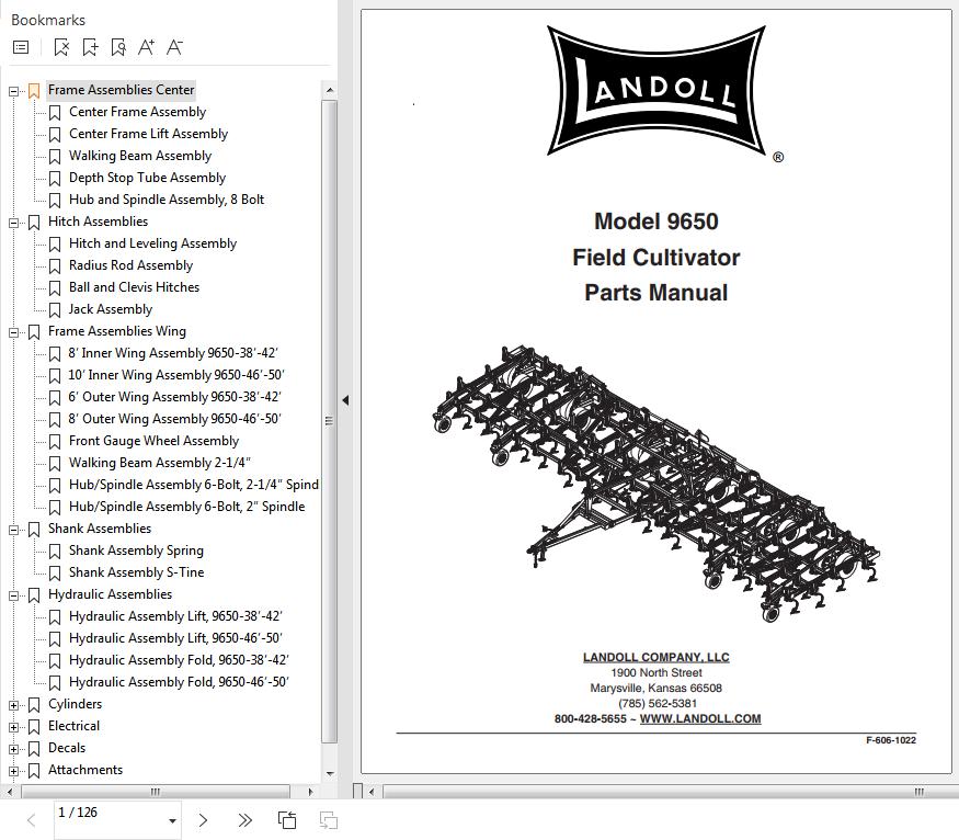 Landoll 9650 Field Cultivator Parts Manual F6061022