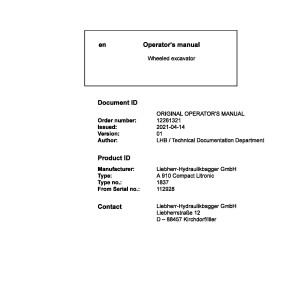 Liebherr A910 Compact Litronic Original Operators Manual 12261321 2021