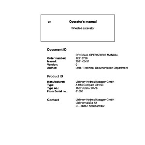Liebherr A914 Compact Litronic Original Operators Manual 12216726 2021