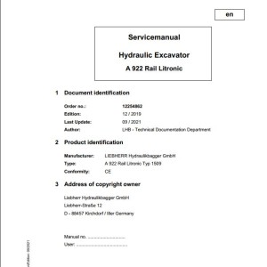 Liebherr A922 Rail Litronic Service Manual 12254862 09.2021