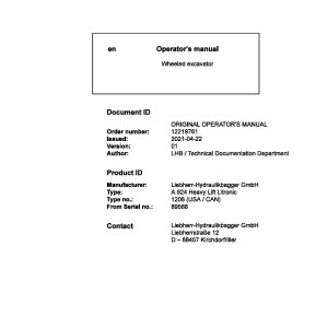Liebherr A924 Litronic Original Operators Manual 12219761 2021