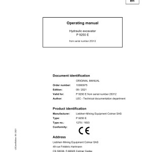 Liebherr P9250E Original Operators Manual 10360975 2021