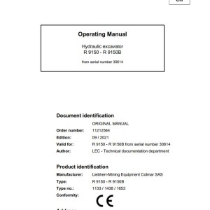 Liebherr R9150 Original Operators Manual 2021