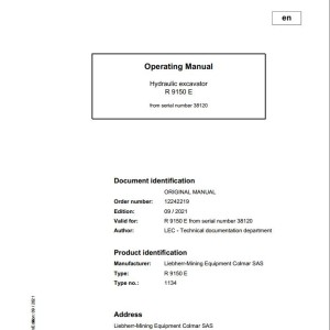 Liebherr R9150E-US Original Operators Manual 2021