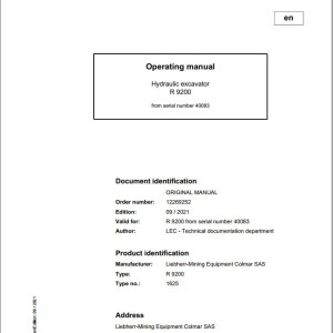 Liebherr R9200-US Original Operators Manual 2021