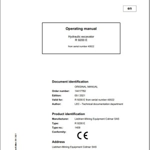 Liebherr R9200E Original Operators Manual 2021