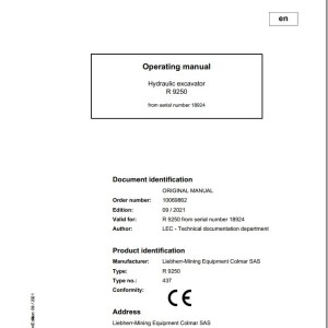 Liebherr R9250 Original Operators Manual 2021