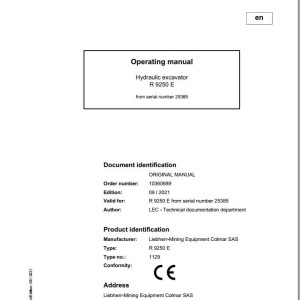 Liebherr R9250E Original Operators Manual 2021