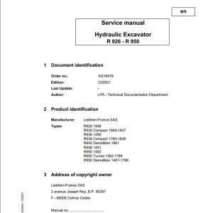 Liebherr R926 R936 R940 R946 R950 Service Manual 10216478 12.2021