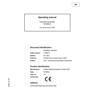 Liebherr R9350E Original Operators Manual 2021