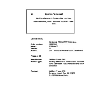 Liebherr R940 R950 R960 Demolition Original Operators Manual 12220542 2021