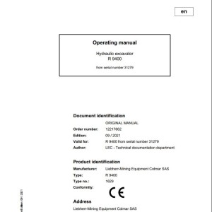 Liebherr R9400 31279 Original Operators Manual 2021
