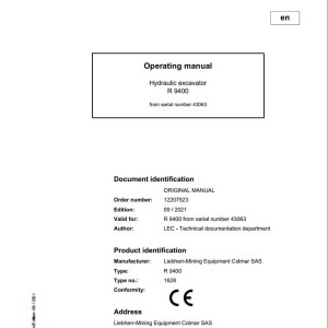 Liebherr R9400 43063 Original Operators Manual 2021