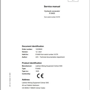 Liebherr R9400 Service Manual 12229640 12.2021