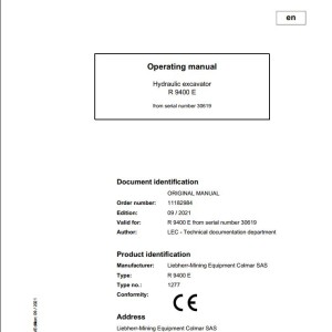 Liebherr R9400E Original Operators Manual 2021