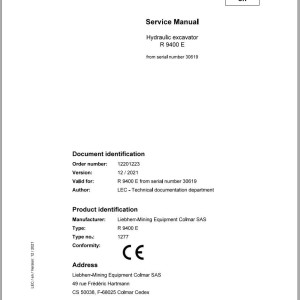 Liebherr R9400E Service Manual 12201223 12.2021