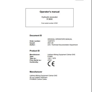 Liebherr R9600 Original Operators Manual 2021