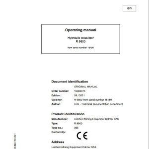 Liebherr R9800 Original Operators Manual 2021