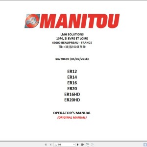 Manitou ER12 ER14 ER16 ER20 ER16HD ER20HD Operator's Manual 647704