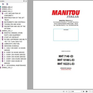 Manitou MHT 7140 E3 MHT 10180 L-E3 MHT 10225 L-E3 Operator's Manual 648662 US