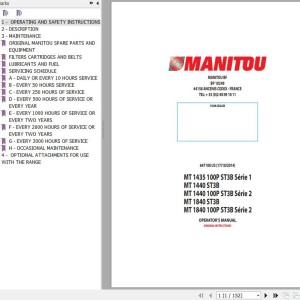 Manitou MT 1435 100P ST3B Series 1 To MT 1840 100P ST3B Series 2 Operator's Manual 647100 US