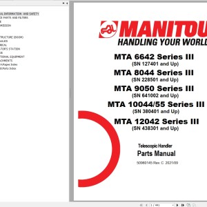 Manitou MTA6642 MTA8044 MTA9050 MTA10044 MTA10055 MTA12042 Series III Parts Manual 50960145C