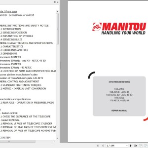 Manitou 120 AETJL 150 AETJC AETJ 43 150 AETJC 3D AETJ 43 3D 150 AETJL 170 AETJL AETJ 49 Repair Manual 547379