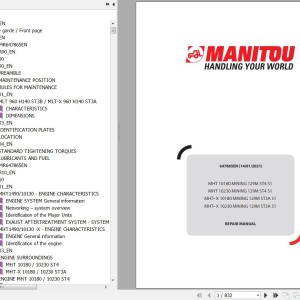 Manitou MHT 10180 10230 MINING 129M ST4 S1 MHT- X 10180 10230 MINING 129M ST3A S1 Repair Manual 647865