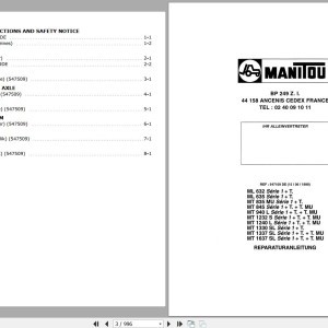 Manitou ML 632 635 835MU 1330SL Series 1+T. 845 940L 1232S 1240L 1337SL 1637SL Series 1+T.+T. MU Repair Manual 547109