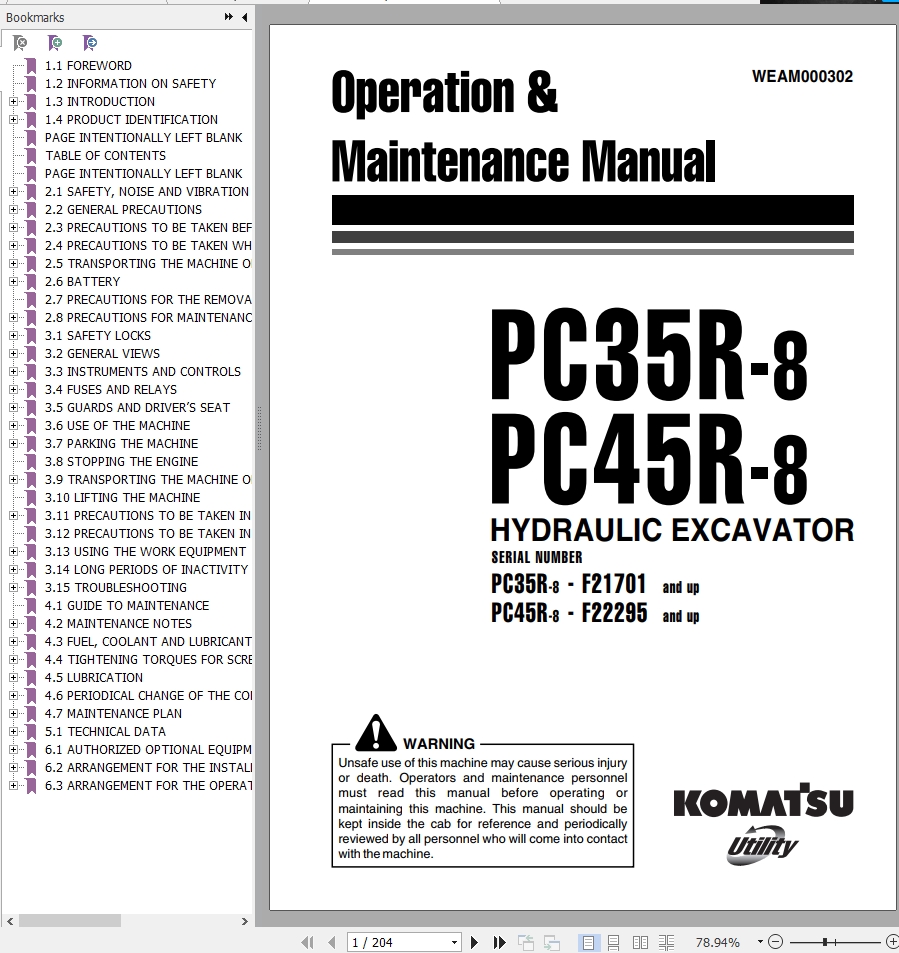 Komatsu PC35R-8 PC45R-8 Operation & Maintenance Manual WEAM000302