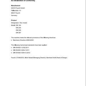 Massey Ferguson DM164 DM205 DM246 DM287 Operators Manual FEL1283860101