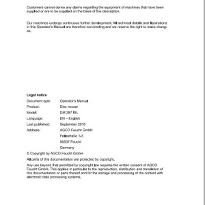 Massey Ferguson DM287ISL Operators Manual FEL1376380101