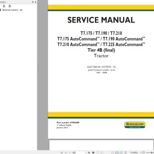 New Holland T7 175 T7 190 T7 210 T7 225 AutoCommand Tier 4B Repair Manual