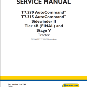 New Holland T7.275 T7.290 T7.315 AutoCommand Service Manual 51643500