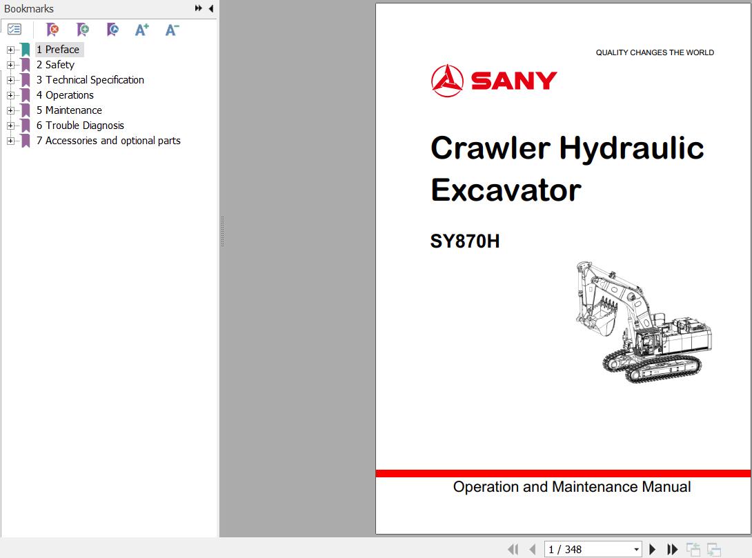 Sany SY870H Operation and Maintenance Manual